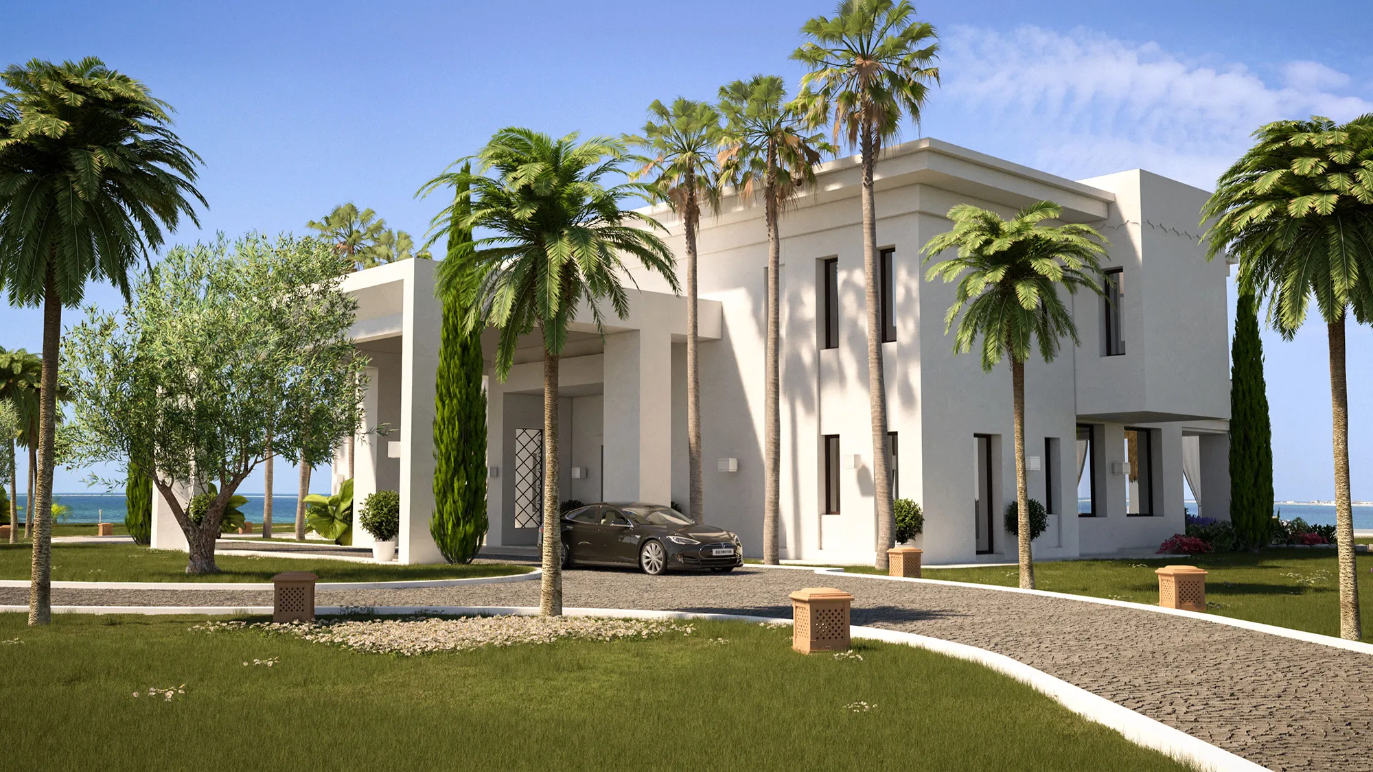 Exterior 3D entrada villa de lujo Abu Dabi | Infografía arquitectónica