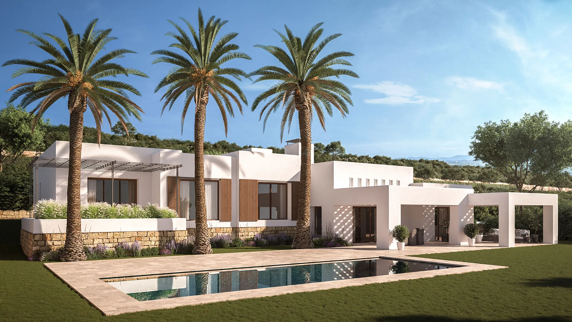 Render 3D fachada principal villa de lujo Costa del Sol | Visualización arquitectónica