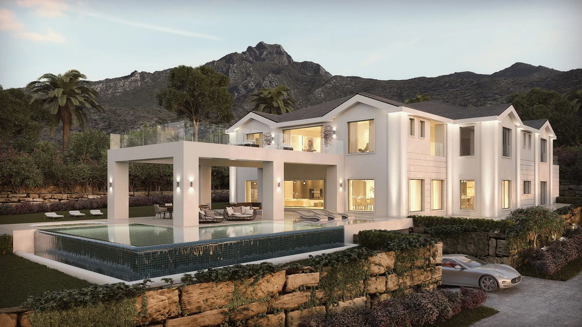 Render 3D nocturno villa de lujo Sierra Blanca | Visualización arquitectónica realista