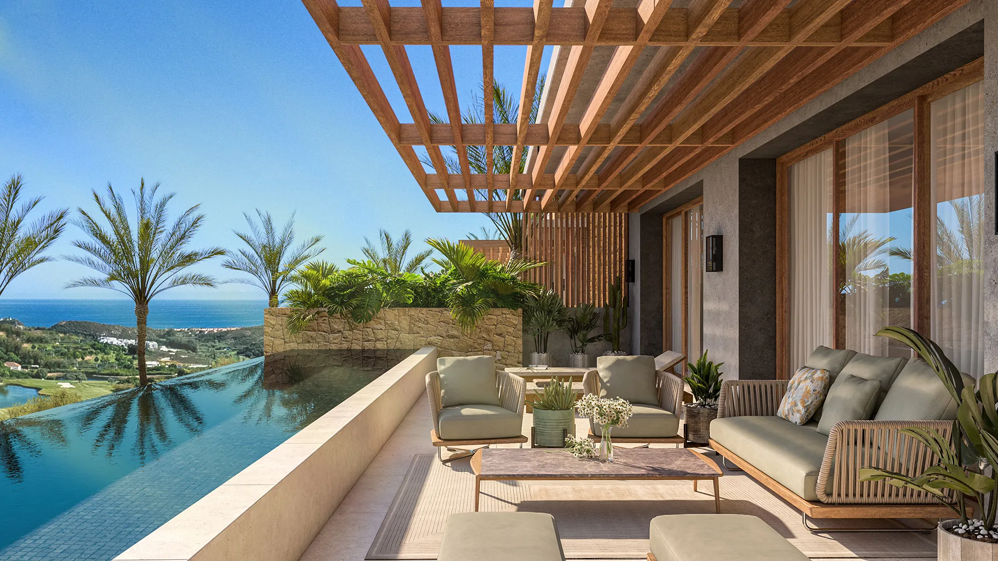 Render 3D terraza con vistas al mar residencial Casares | Infografía arquitectónica