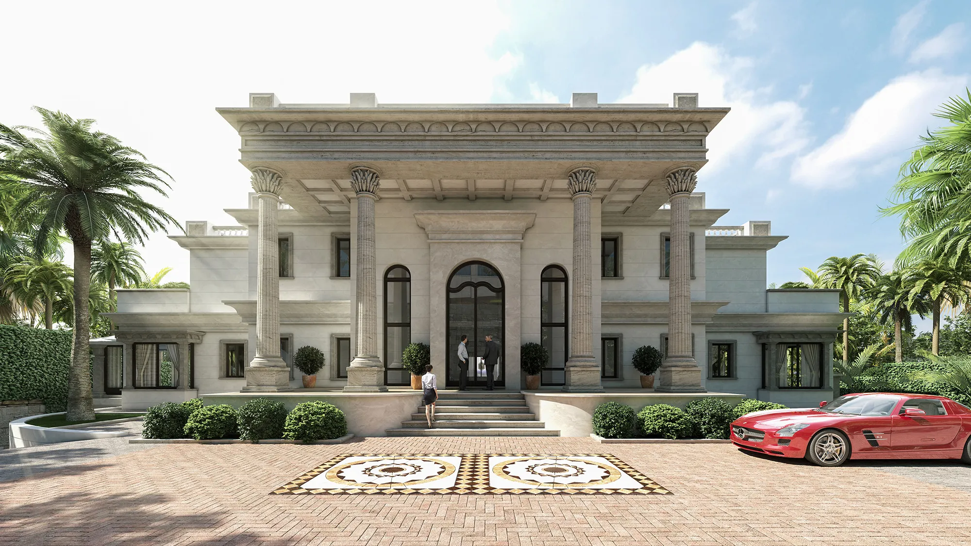 Render exterior entrada villa de lujo Sotogrande | Infografía arquitectónica