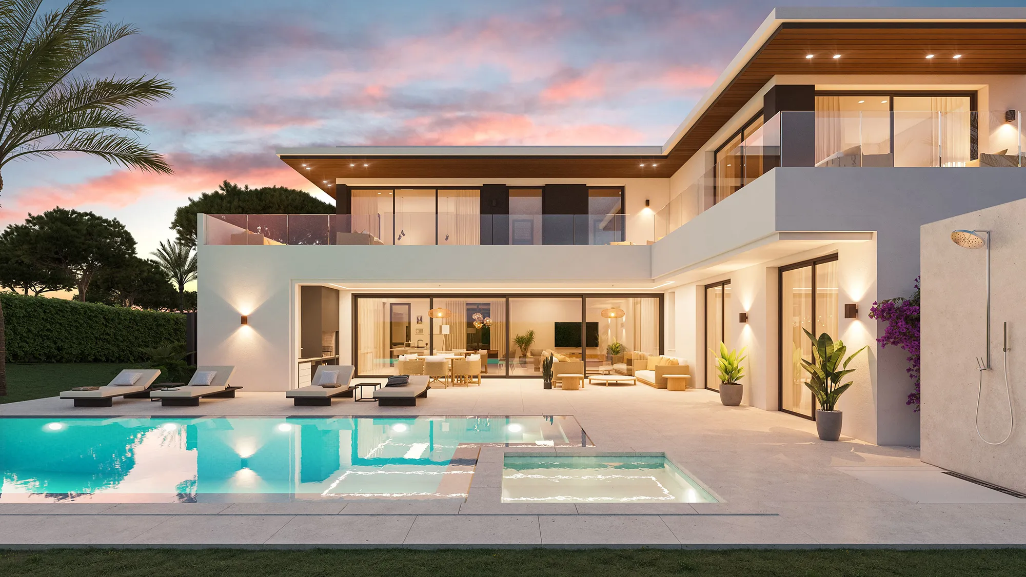 Render nocturno exterior villa de lujo Roche | Visualización 3D