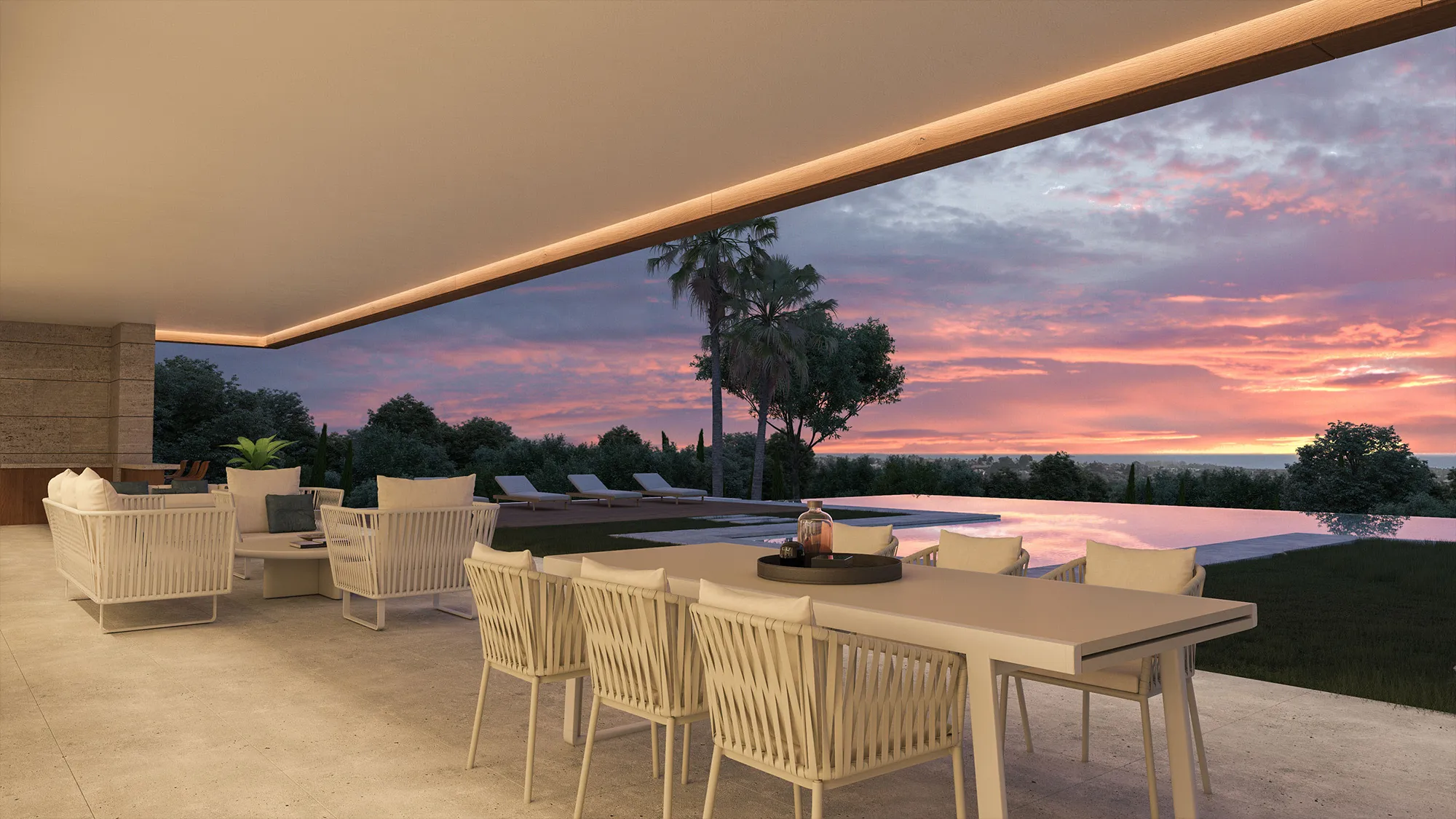 Render porche atardecer villa de lujo Marbella | Visualización arquitectónica